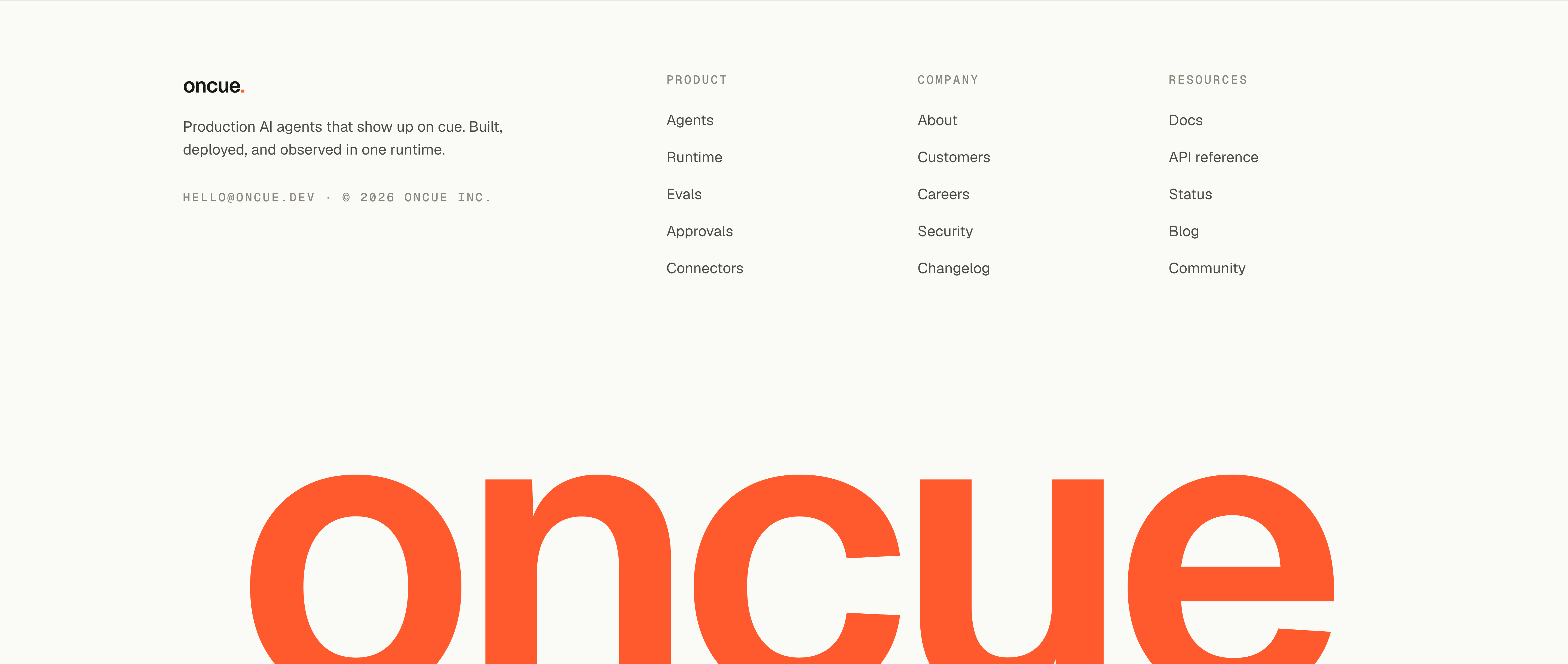 Footer. The wordmark floods the fold in ember.