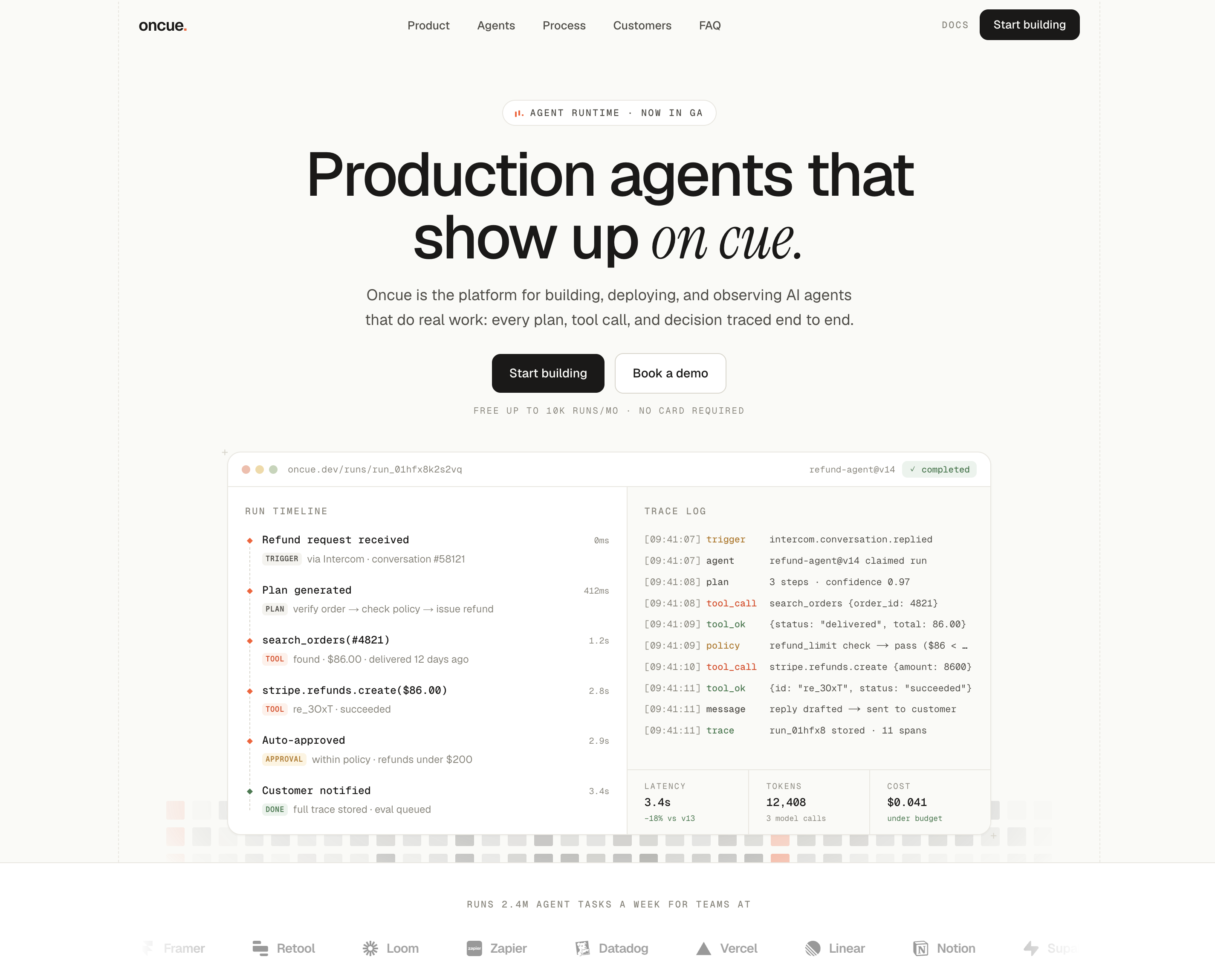 Hero. The product is the proof: a run console replays an agent resolving a refund, step by step.